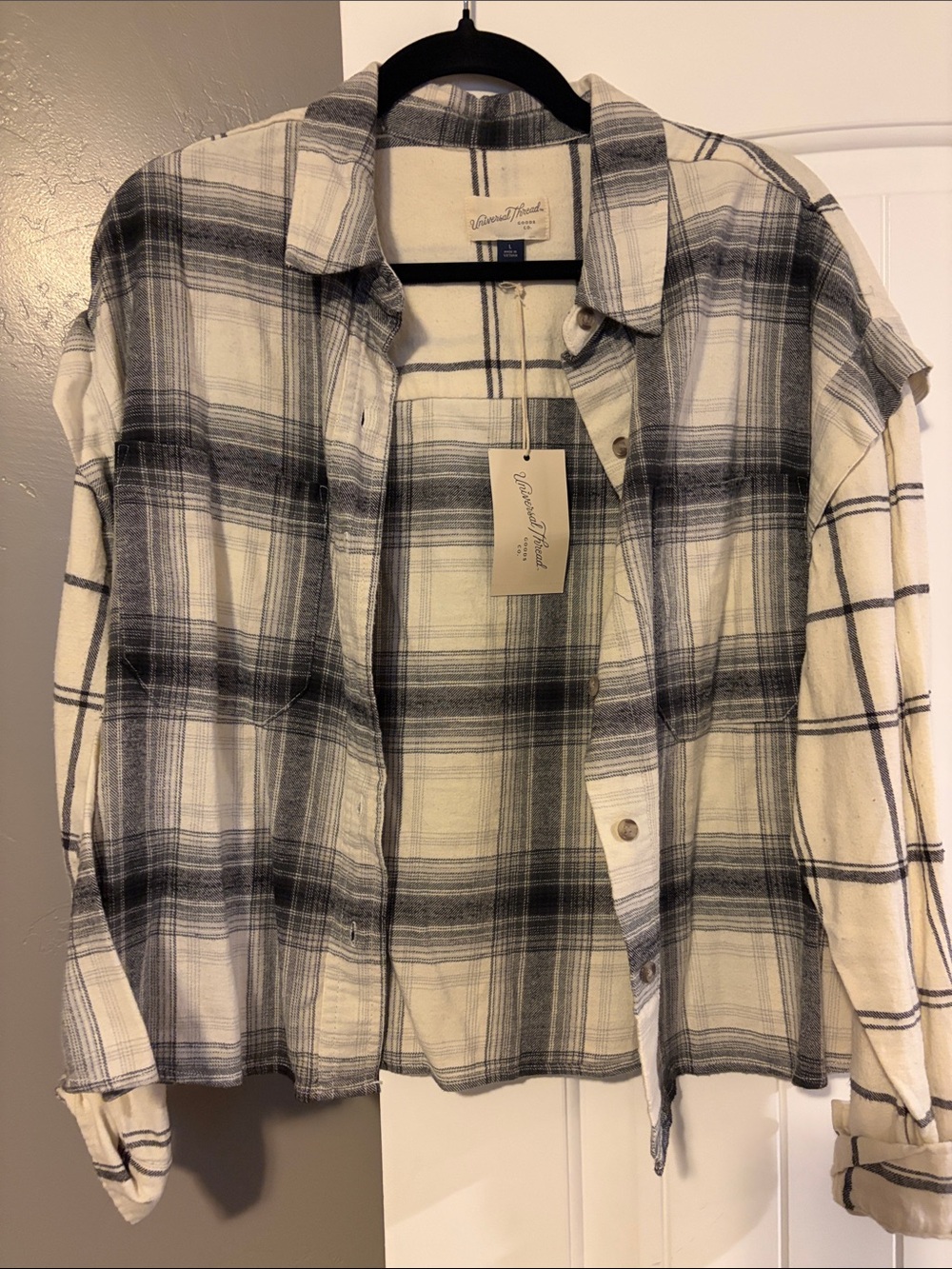Universal Thread Cream and Black Plaid Button-Down Shirt